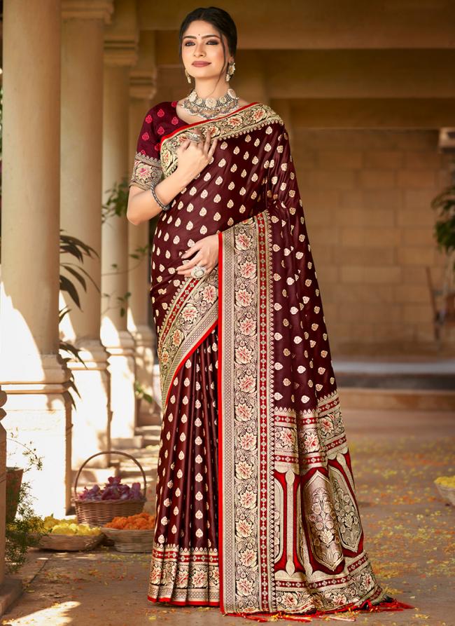 Sattin Silk Maroon Wedding Wear Weaving Saree